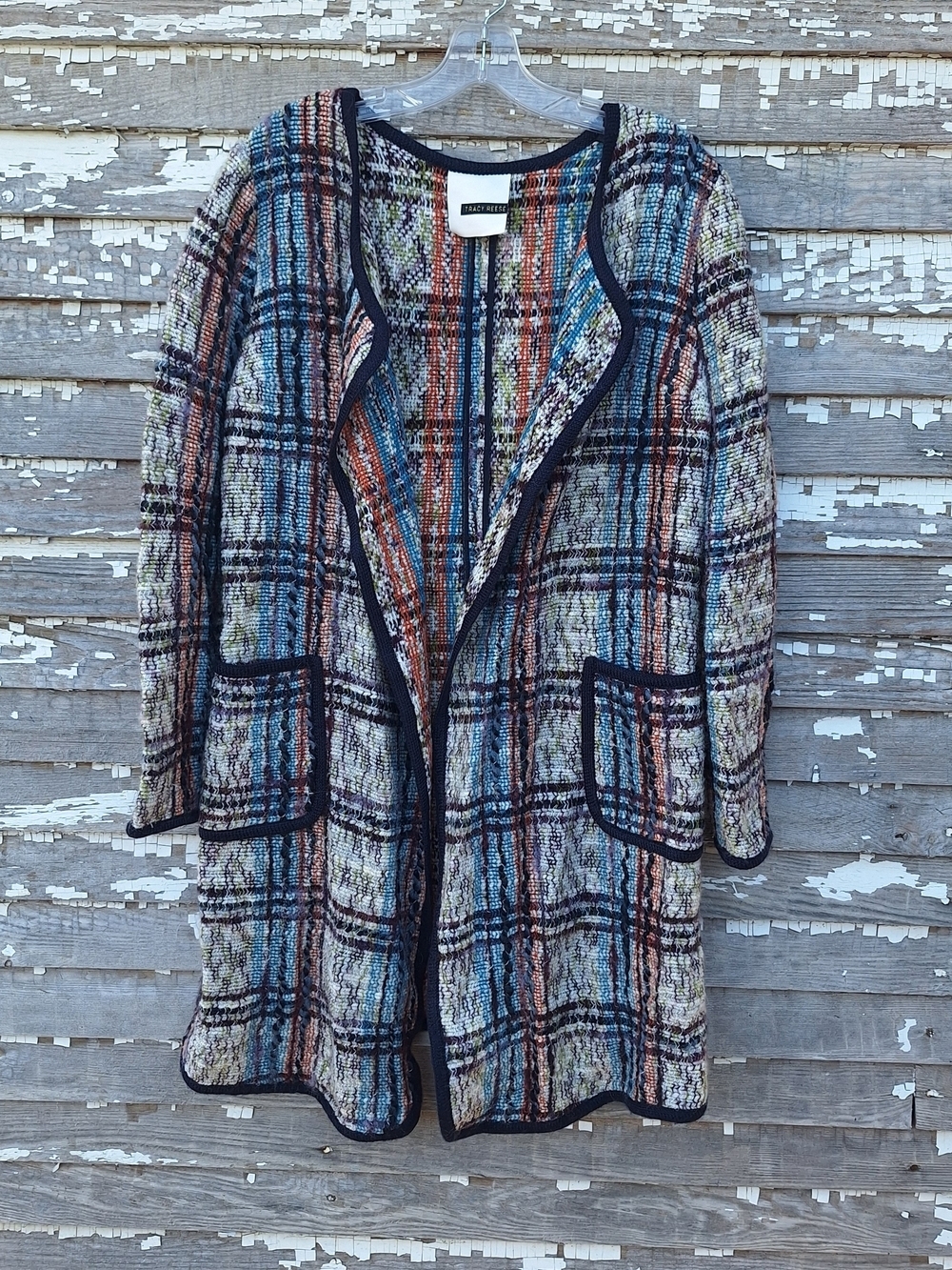 Tracy Reese Multicolor Plaid Tweed Open Jacket with Navy Trim Size Medium
